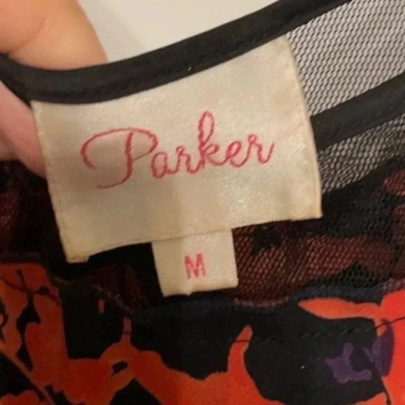 Parker Orange & Black Petal Bloom Mesh Sleeveless Fit & Flare Silk Dress Size M - Picture 9 of 10